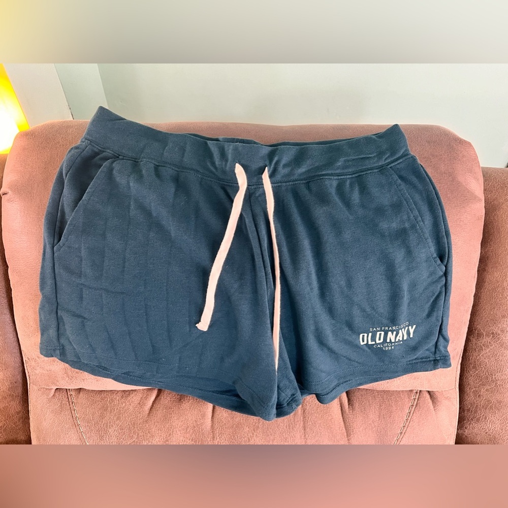 Women’s- large Old Navy dark blue lounge shorts with teal logo on left pocket